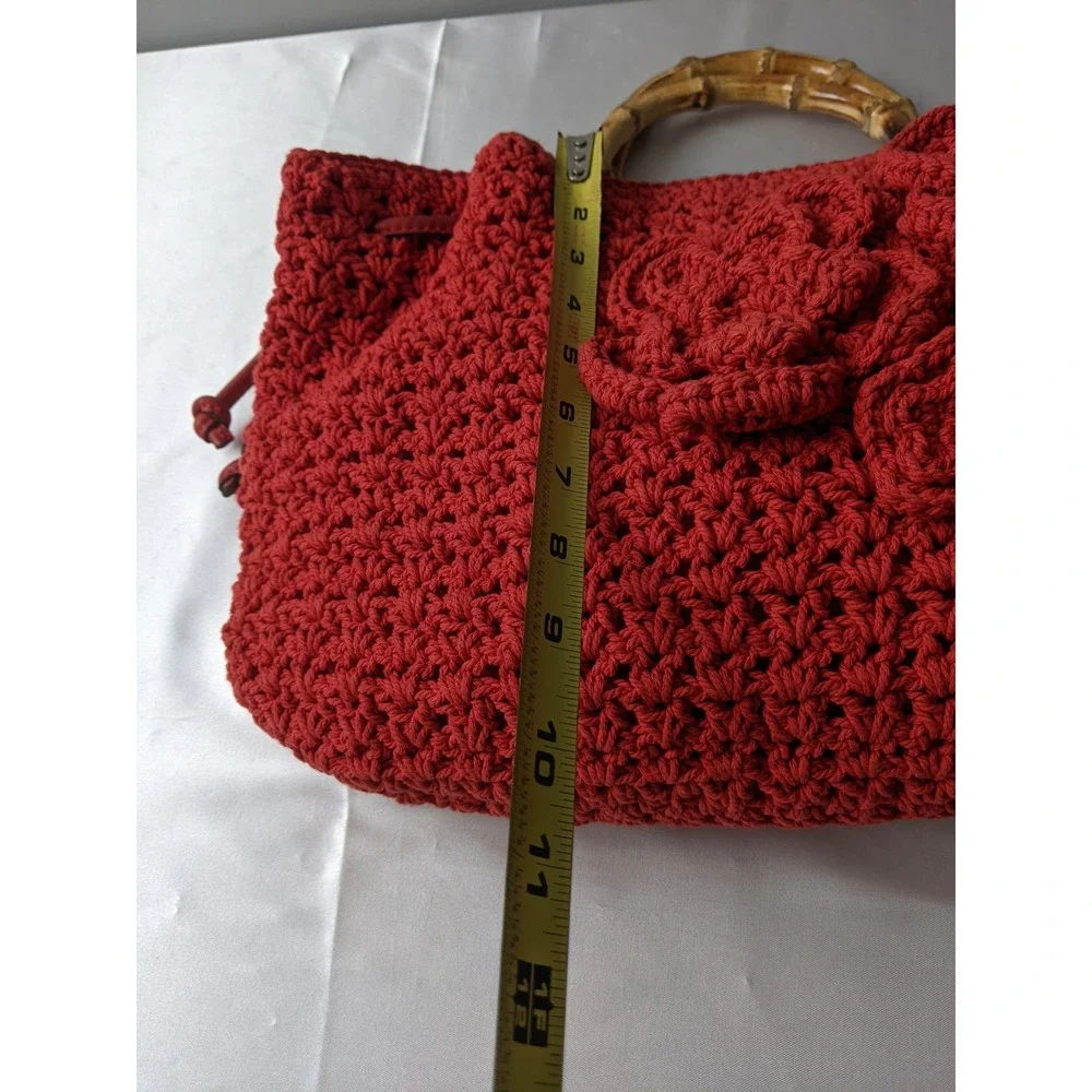Patricia Nash Red Crochet Floral Satchel Bag Bamboo Handles Boho Handbag